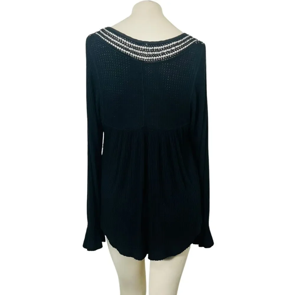 Free People Soulmate‎ Crochet Tunic Top Black Waffle Knit Long Sleeves Size S